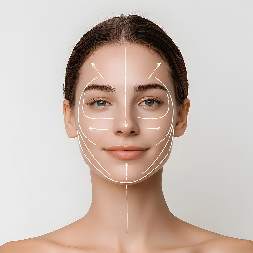 Illustration showing the comprehensive approach to a facelift, with markings on a woman's face.